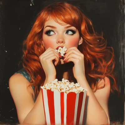 Beautiful Redhead Woman Eating Popcorn