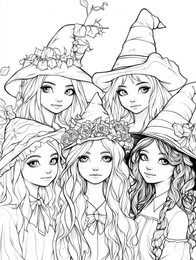 Cute Happy Coven of Witches Coloring Book