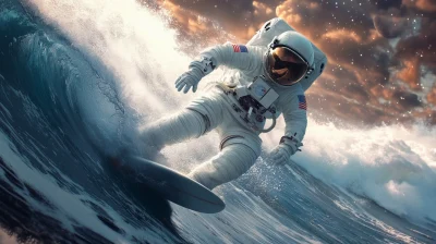 Astronaut Surfing a Big Wave