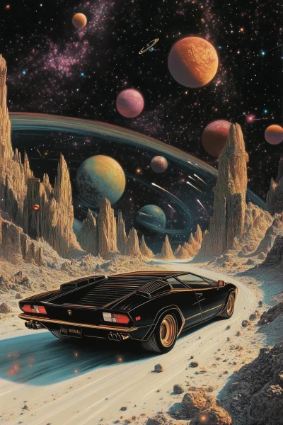 Dog Driving a Lamborghini in Space