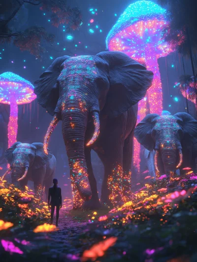 Mystical Encounter with Bioluminescent Elephants