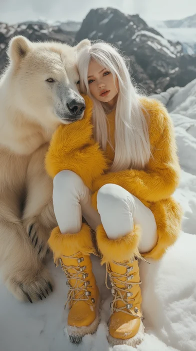 Girl with White Bear in Arctic