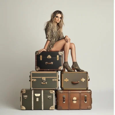 Woman Posed on Luggage