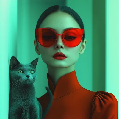 Futuristic Room with Woman and Cat