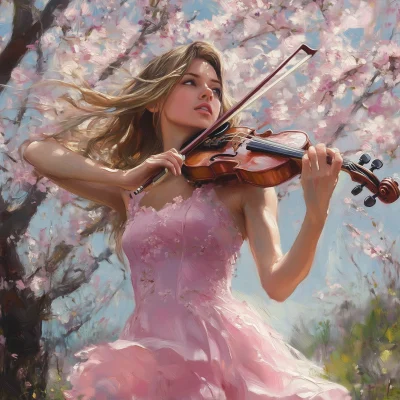 Dreamy Violinist Under Blooming Almond Tree