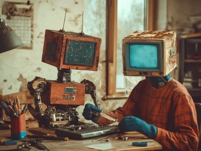 Man with TV Head Fixing Robot