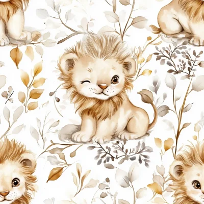 Baby Lion Watercolor Seamless Pattern