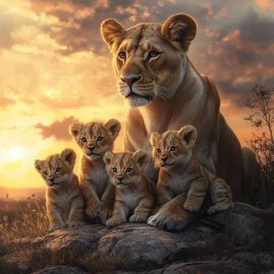 Lioness and Cubs at Sunset