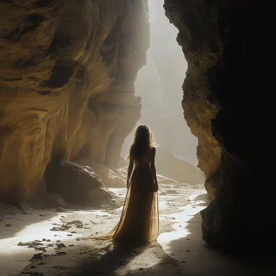 Woman in Flowing Robe at Cave Entrance