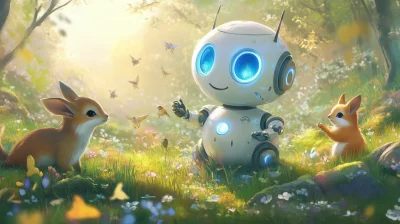 Joyful Robot in Meadow