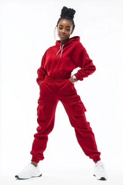 Happy Woman in Red Jogging Suit