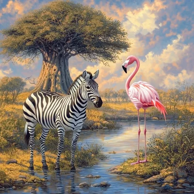 Zebra and Flamingo in the Savannah