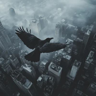 Lonely Crow Over Cityscape