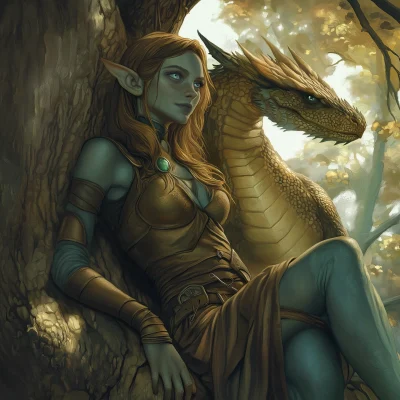 Elven Woman and Bronze Dragon