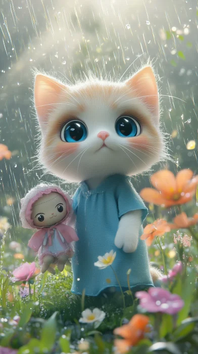 kawaii kitten in the rain