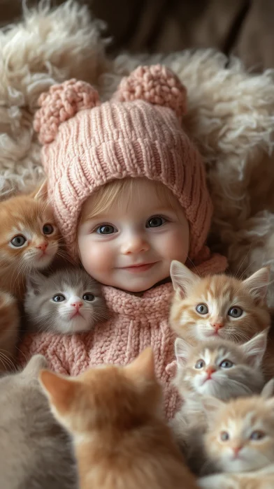 Cute Baby with Kittens