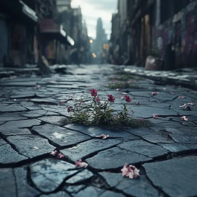 Cracked Street with Flowers