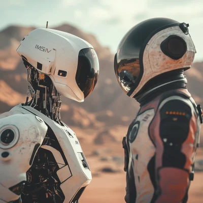 Astronaut and AI Robot on Mars