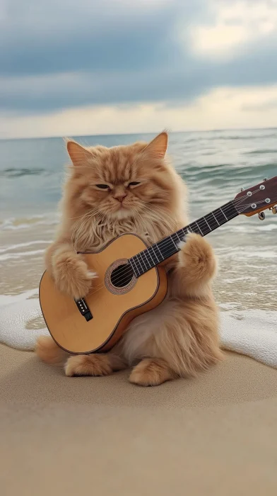 Persian Cat Playing Guitar at the Beach