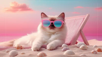 Fluffy Ragdoll Cat on the Beach