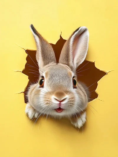 Rabbit Peeking Through Yellow Hole