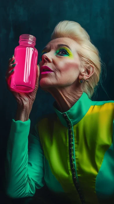 Elderly Woman with Neon Drink