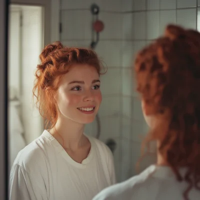 Smiling Redhead in Bathroom