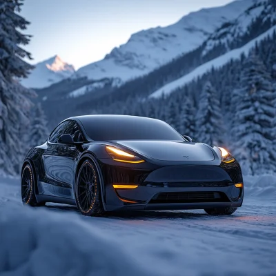 Black Tesla Model Y in Snowy Mountains