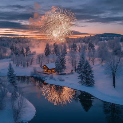 Winter Sunset with Fireworks