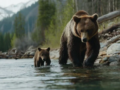 Grizzly Bear Protecting Cub