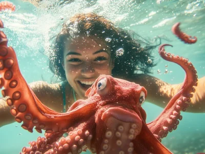 Brunette Diver with Octopus