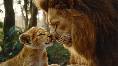 Lion Cub and Adult Nuzzling