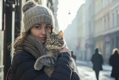 Woman Holding Cat in Winter