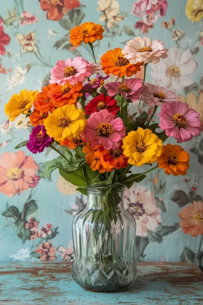 Zinnas in Glass Vase