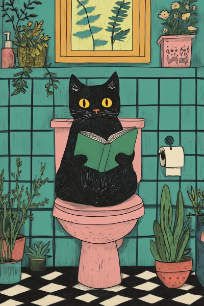 Black Cat on Pink Toilet