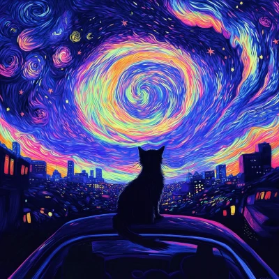 Starry Night with a Cat