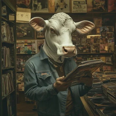 Cow with Human Head in Record Shop