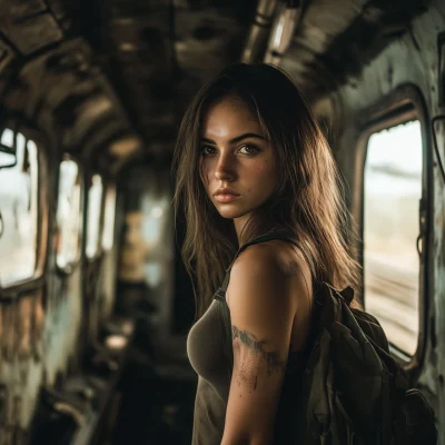 Woman at Dirty Train in Postapocalyptic City