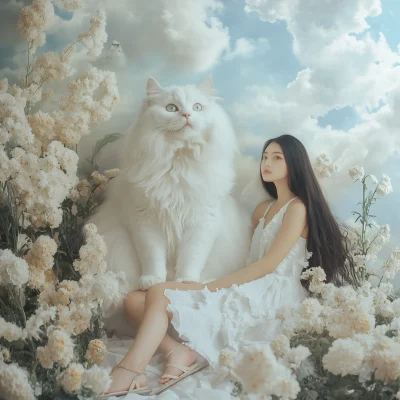 Girl with Ragdoll Cat in Flowers