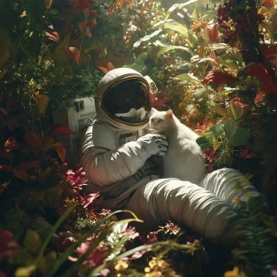 Astronaut and Cat in a Dreamy Garden