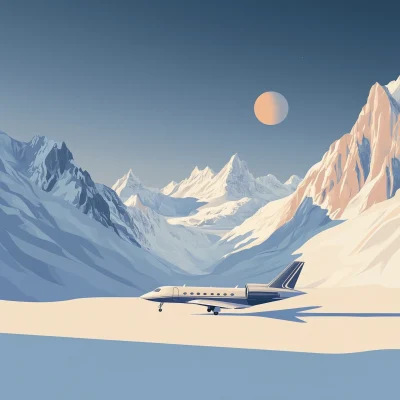 Private Jet Over Snowy Mountains