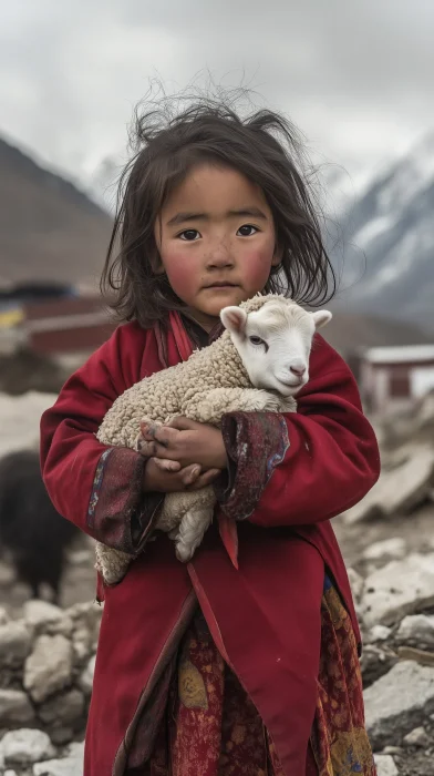 Tibetan Girl with Baby Lamb