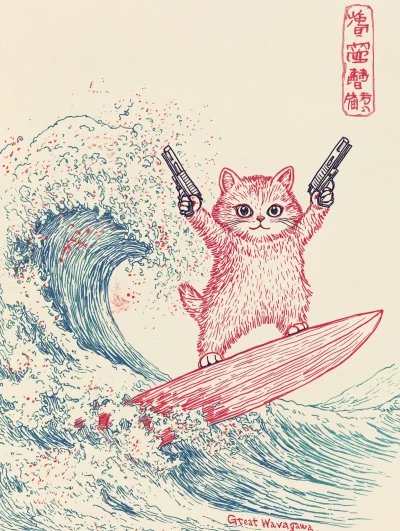 Persian Cat Surfing the Great Wave