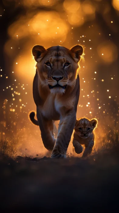 Lioness and Cub in Twilight