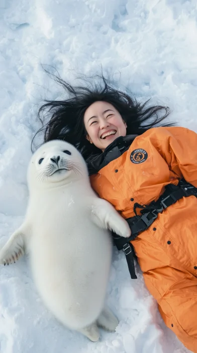 Smiling Baby Seal and Researcher