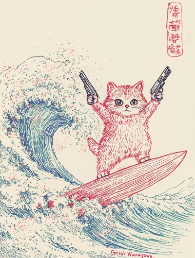 Persian Cat Surfing the Great Wave