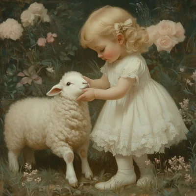 A Little Girl Petting Sheep