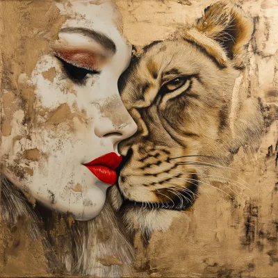 Woman with Red Lips and Lioness