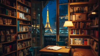 Cozy Bookstore Cafe with Eiffel Tower View