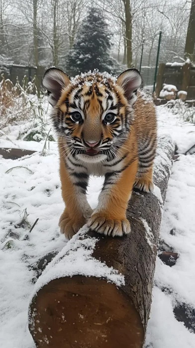 Tiger Cub in Snowy Forest